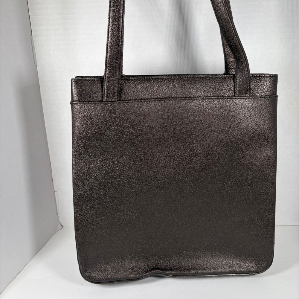 Vtg Ralph Lauren Leather Tote Bag Metallic Bronze Brown RL Logo Shoulder Bag
